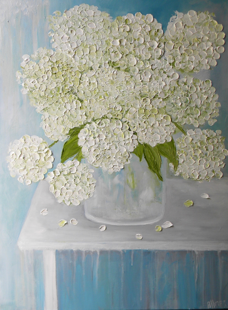 White Hydrangea Oil Painting, Hydrangea Floral Painting