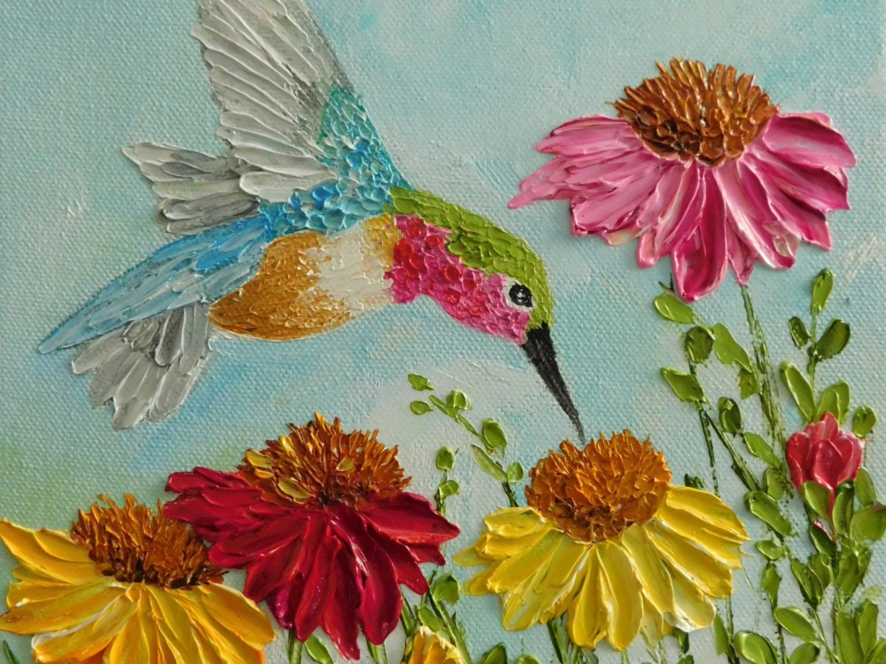 Custom Cone Flowers and Hummingbird Impasto Painting, Hummingbird Oil