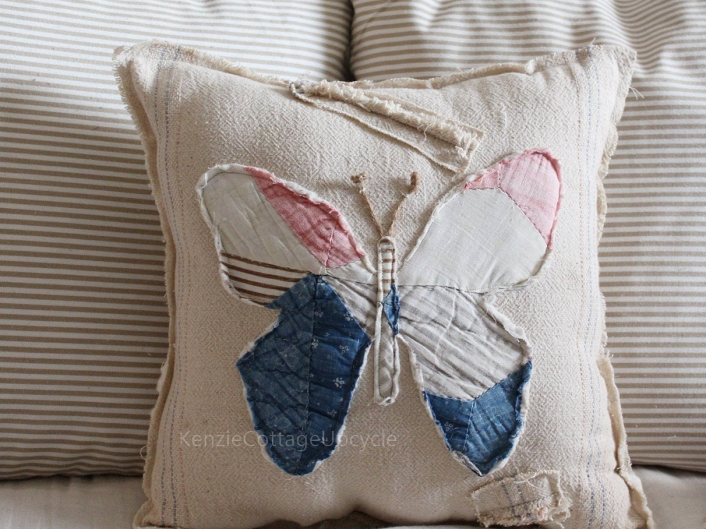 Upcycled Quilt and Feed Sack butterfly pillow Kenzie s Cottage