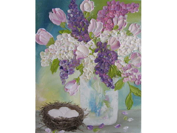 Lilacs and Tulips Oil Painting, Impasto Oil Painting, Lilac Oil Painting