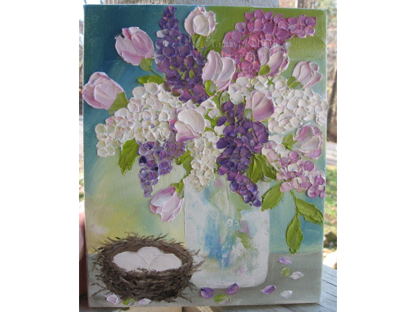 Lilacs and Tulips Oil Painting, Impasto Oil Painting, Lilac Oil Painting