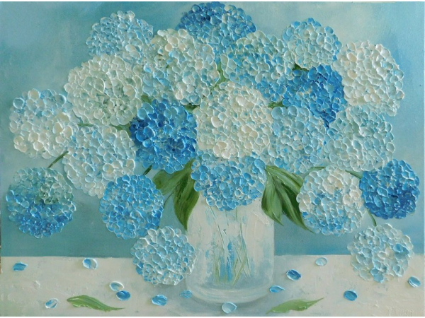 Blue Hydrangea Oil Impasto Painting