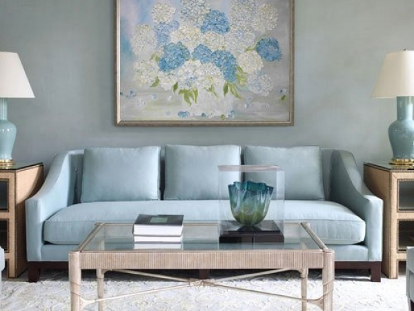 blue living room with Hydrangea painting