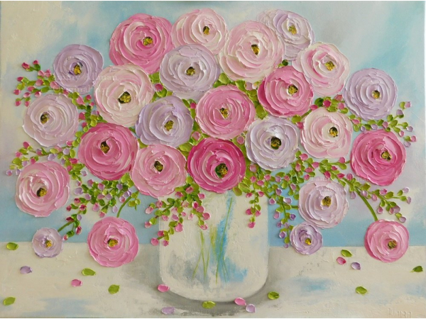 Lavender and Pink Ranunculus Impasto Painting