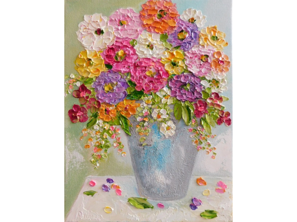 Oil Impasto Bright Zinnia Paintings