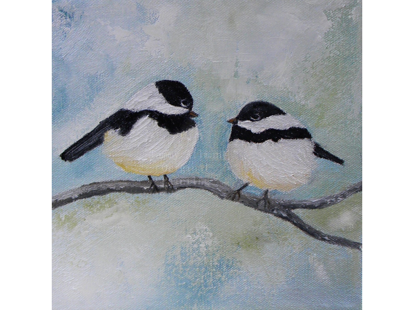 Chickadee Birds On A Branch Painting Custom Two Birds On A Branch Impasto Painting
