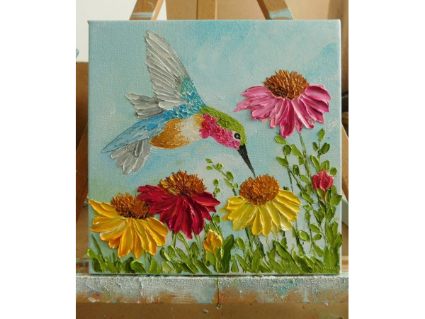 Hummingbird and Cone Flower Oil impasto Painting