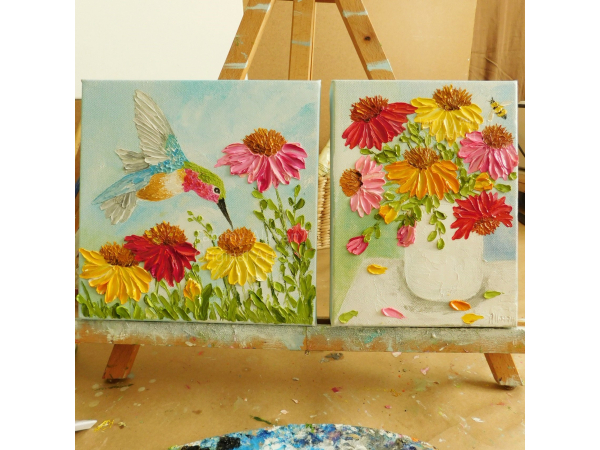 hummingbird painting on easel