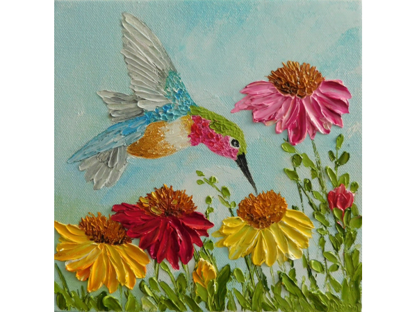 Hummingbird and Cone Flower Oil impasto Painting