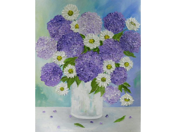 Purple hydrangea and daisy oil impasto painting