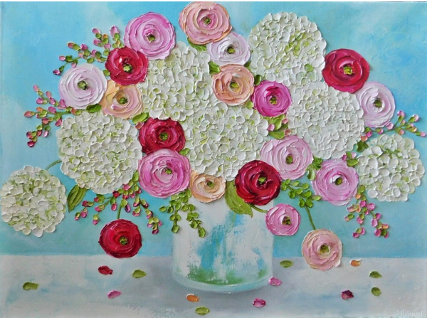 White Hydrangea and Ranunculus Oil Painting