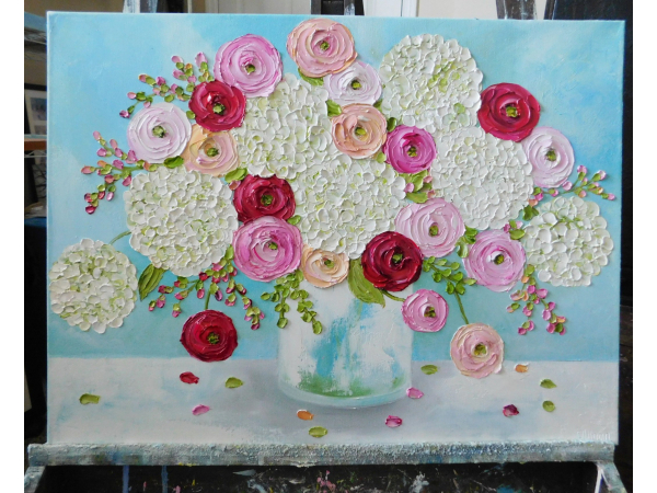 White Hydrangea and Ranunculus Oil Painting on Easel