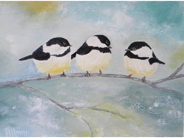 Three Chickadees on a Branch Oil Impasto Painting