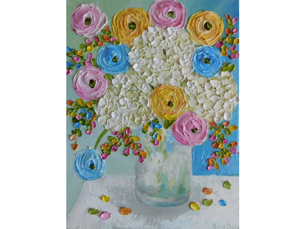 Hydrangea  and ranunculus oil impasto painting