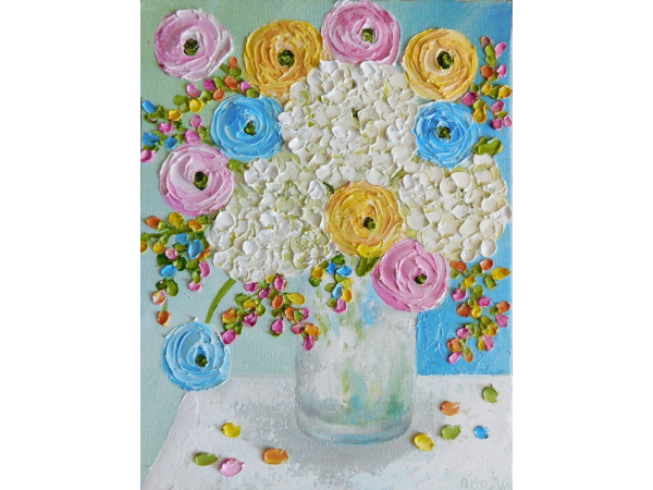 Hydrangea  and ranunculus pastel painting