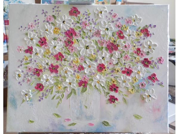 Custom Whimsical Pastel and Rose Flowers Oil Impasto