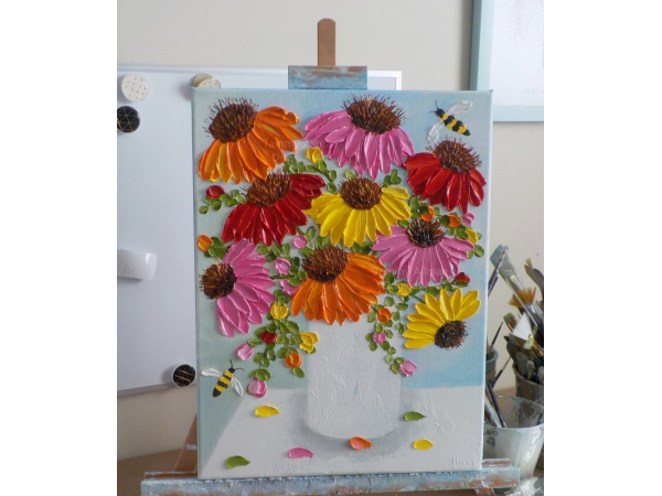 Bee and Cone Flower Oil Painting