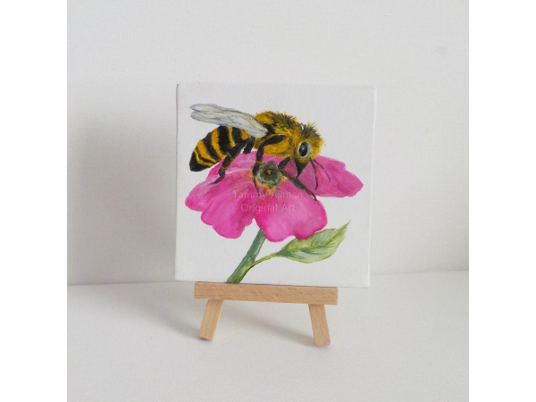 Honey Bee  and Pink Flower watercolor painting