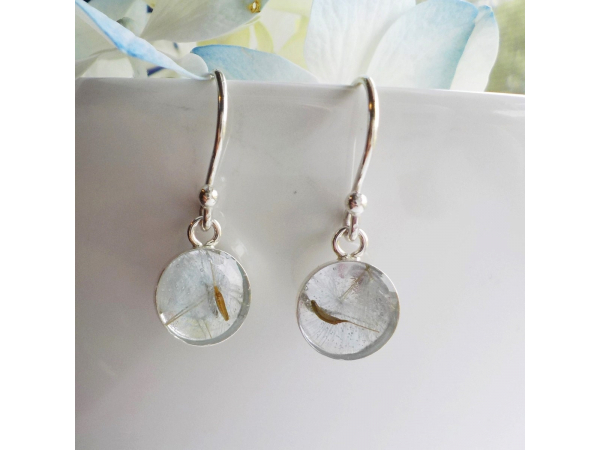 Sterling Silver Eco Resin Pale Blue Dandelion Dangle Earrings, Resin Earrings