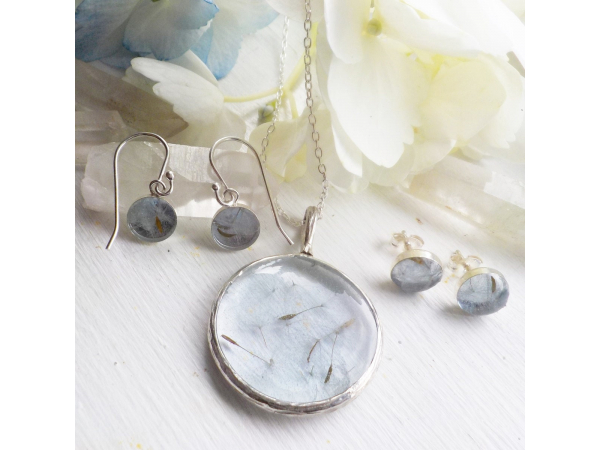 Sterling Silver Eco Resin Pale Blue Dandelion Dangle Earrings