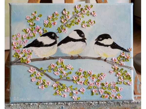 Chickadee Birds on a Cherry Blossom Branch Painting