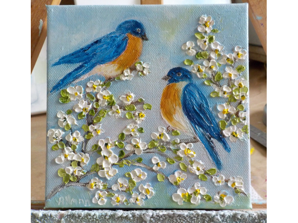 bluebird and cherry blossom oil painting