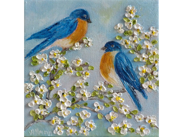 Custom ORIGINAL OIL  Bluebirds Spring Blossoms Impasto Painting