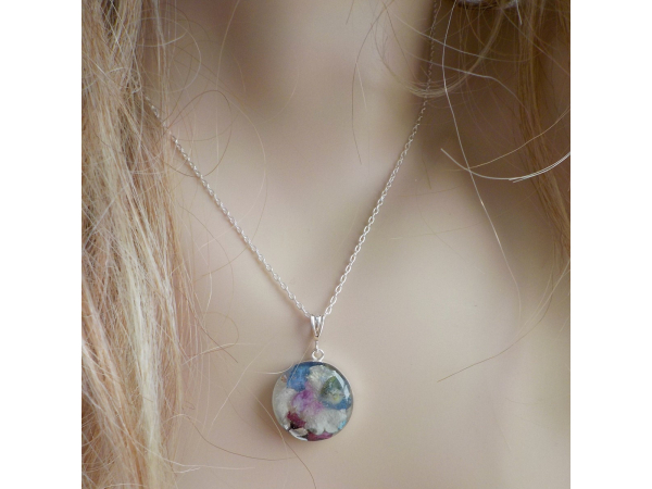 Blue Hydrangea and Wildflower Sterling Silver Dried Flower Necklace