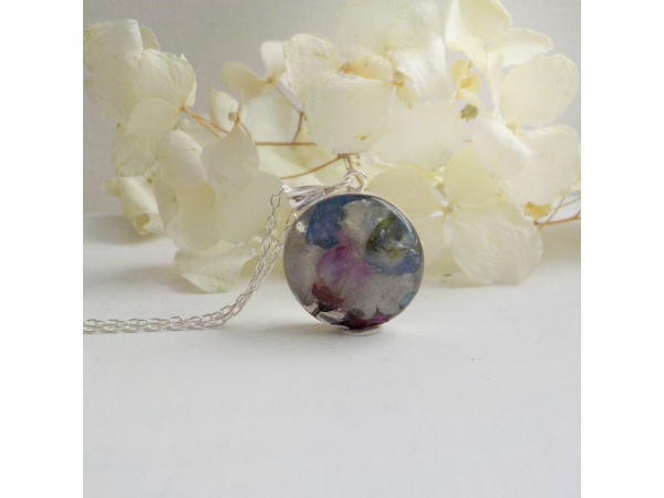 Blue Hydrangea and Wildflower Sterling Silver Dried Flower Necklace