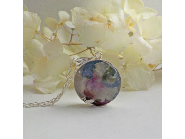 Blue Hydrangea and Wildflower Sterling Silver Dried Flower Necklace