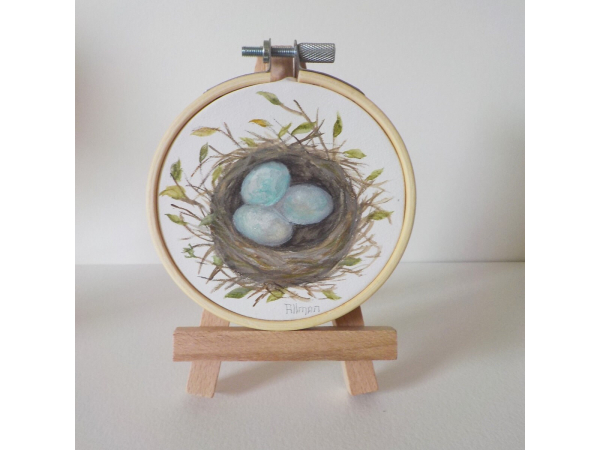 Bird Series Watercolor " Robins Nest" with hoop and easel