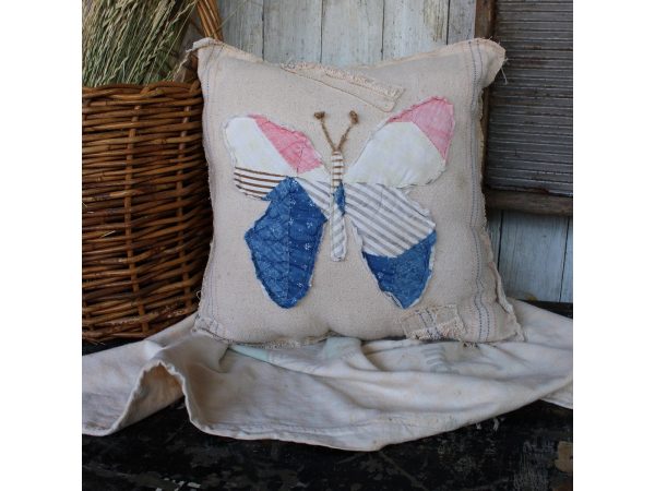 Garden Butterfly Pillow, Upcycled Quilt and Feed Sack