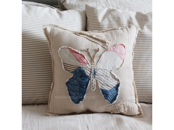 1960's Quilt Butterfly and Vintage Feed Sack Pillow, Farmhouse Decor