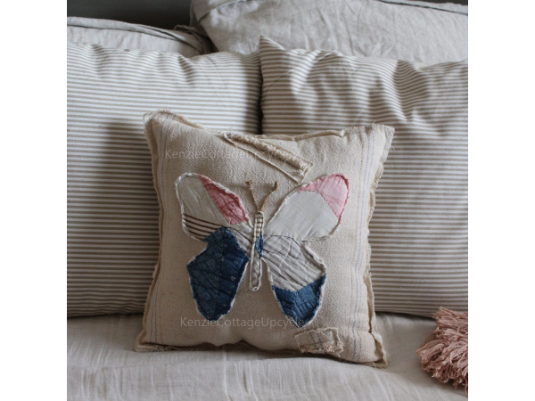 1960's Quilt Butterfly Garden Butterfly Pillow, Upcycled Quilt and Feed Sack