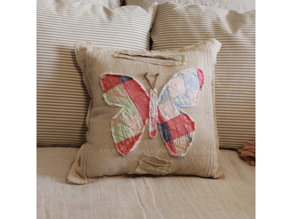 1950's Tattered Quilt Butterfly and Vintage Feed Sack Pillow