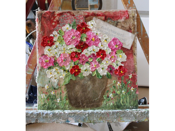 Mixed Media Zinnia Oil Impasto Painting