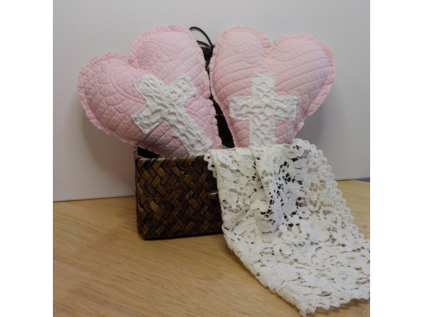 One Vintage Quilted Heart with Crocheted Lace