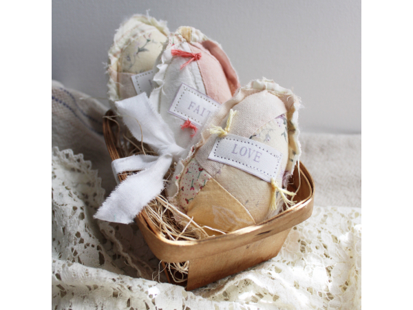 Hope, Faith, & Love Quilted Fabric Eggs in a Basket