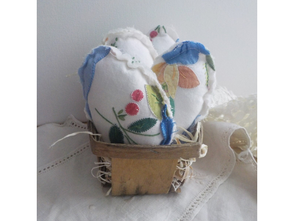 Vintage Embroidery Linen Fabric Eggs in Vintage Berry Basket