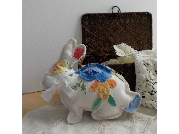 Vintage Embroidery Linen Bunny/ Hanging Bunny/ Bowl Filler/ Cupboard Ornament