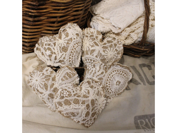 Vintage French Lace and Grain Sack Hearts