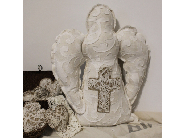 Vintage French Lace, Rag Fabric and Feed Sack Guardian Angel Cross Pillow,