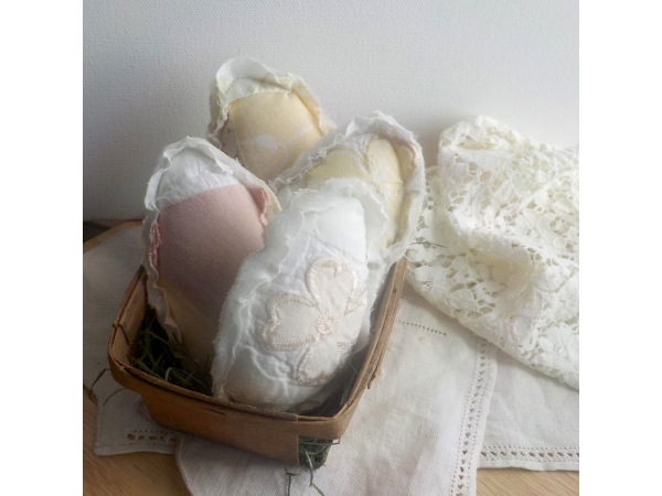 Vintage Quilted Fabric Eggs in a Basket, Basket of Eggs