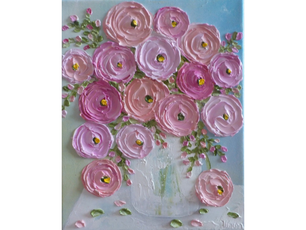 pink and apricot ranunculus oil impasto painting