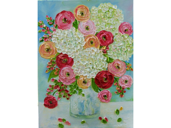 Ranunculus and white in a vase hydrangea painting