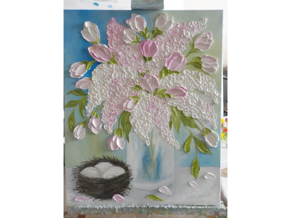 Pink Lilac and Pink Tulip Oil Impasto Painting on Easel