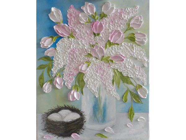 Pink Lilac and Pink Tulip Oil Impasto Painting