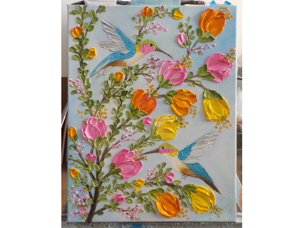 Hummingbird and Flowers Oil Impasto