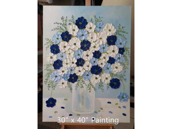 30" x 40" Oil impasto Painting navy blue, blue and white