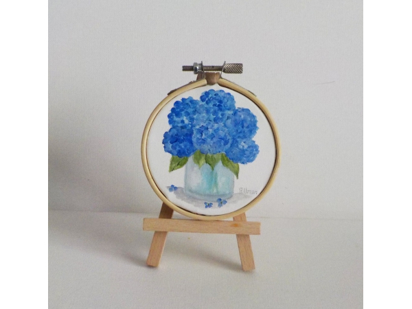 Blue Hydrangea Watercolor Painting  with Easel
